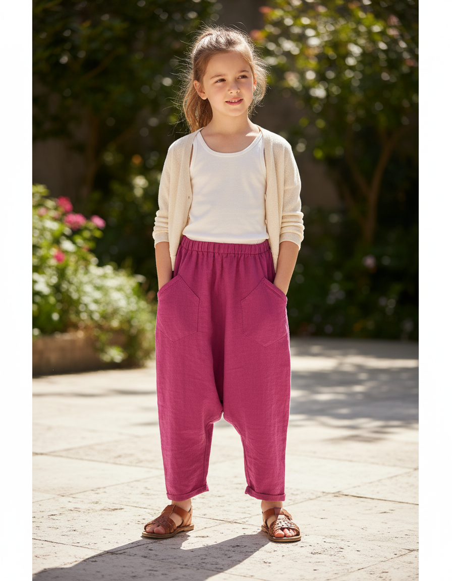 Pantalon En Lin Fuchsia Ample Confortable Fille - Rose
