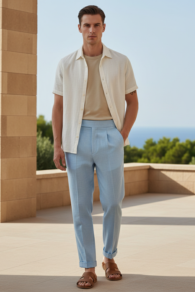 Pantalon En Lin Bleu Ciel Plissé Droit Élégant Homme