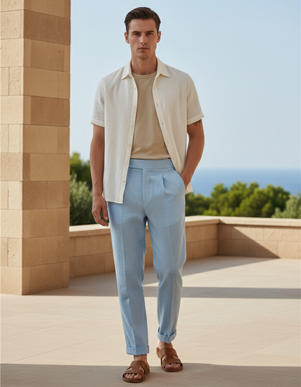 Pantalon En Lin Bleu Ciel Plissé Droit Élégant Homme