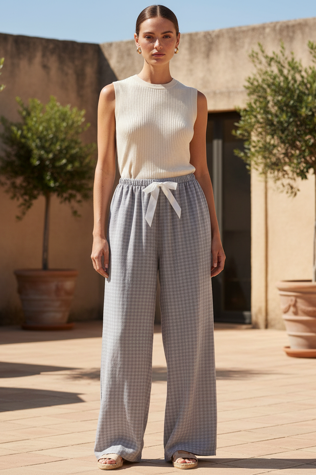 Pantalon En Lin Carreaux Gris Ample Décontracté Fluide