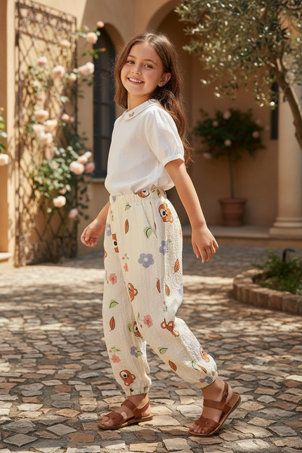 Pantalon En Lin Écru Imprimé Oursons Fleuri Ample Fille