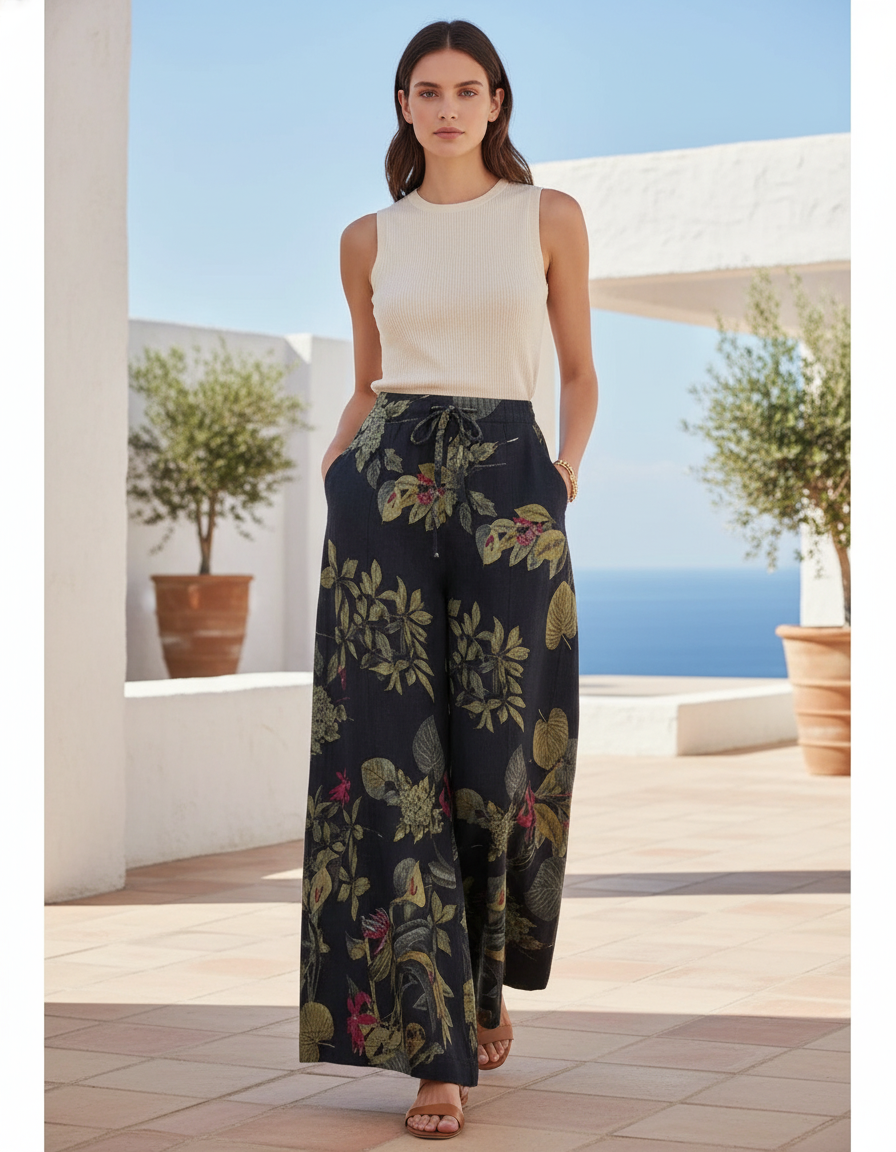 Pantalon En Lin Noir Imprimé Floral Ample Fluide