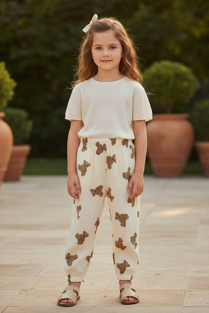 Pantalon En Lin Crème Imprimé Oursons Ample Enfant - Beige