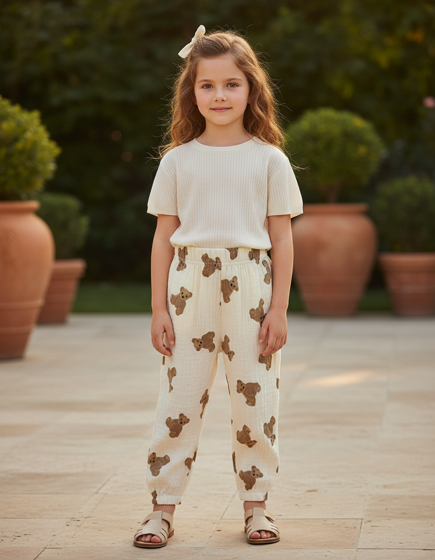 Pantalon En Lin Crème Imprimé Oursons Ample Enfant - Beige