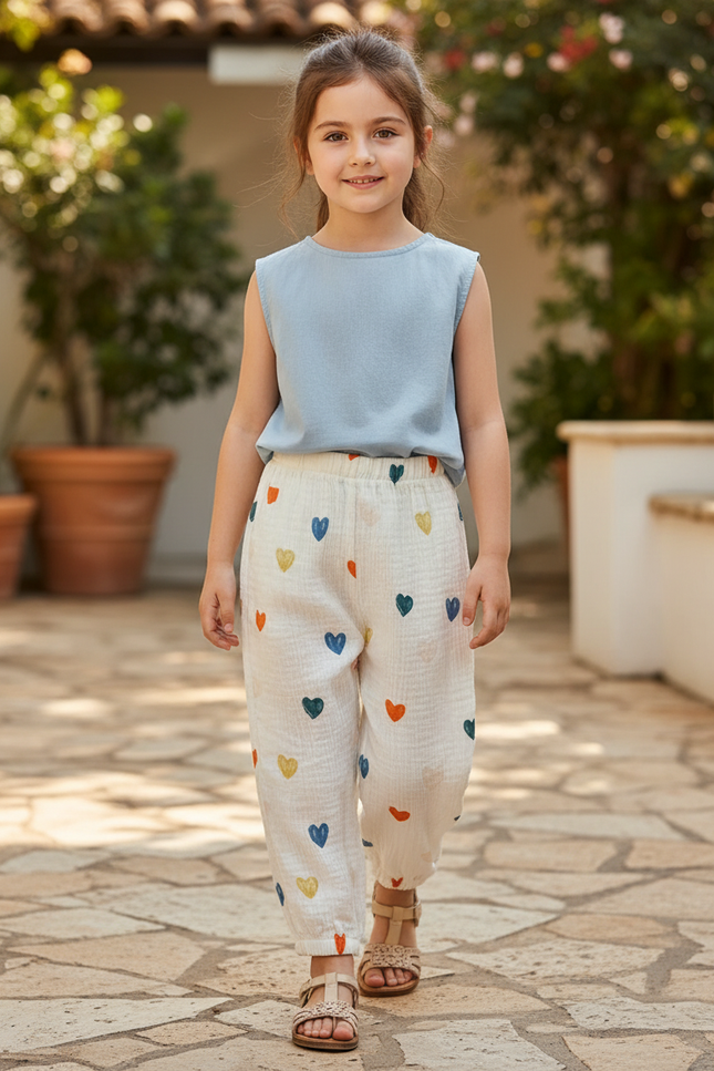 Pantalon En Lin Blanc Cœurs Ample Enfant Léger