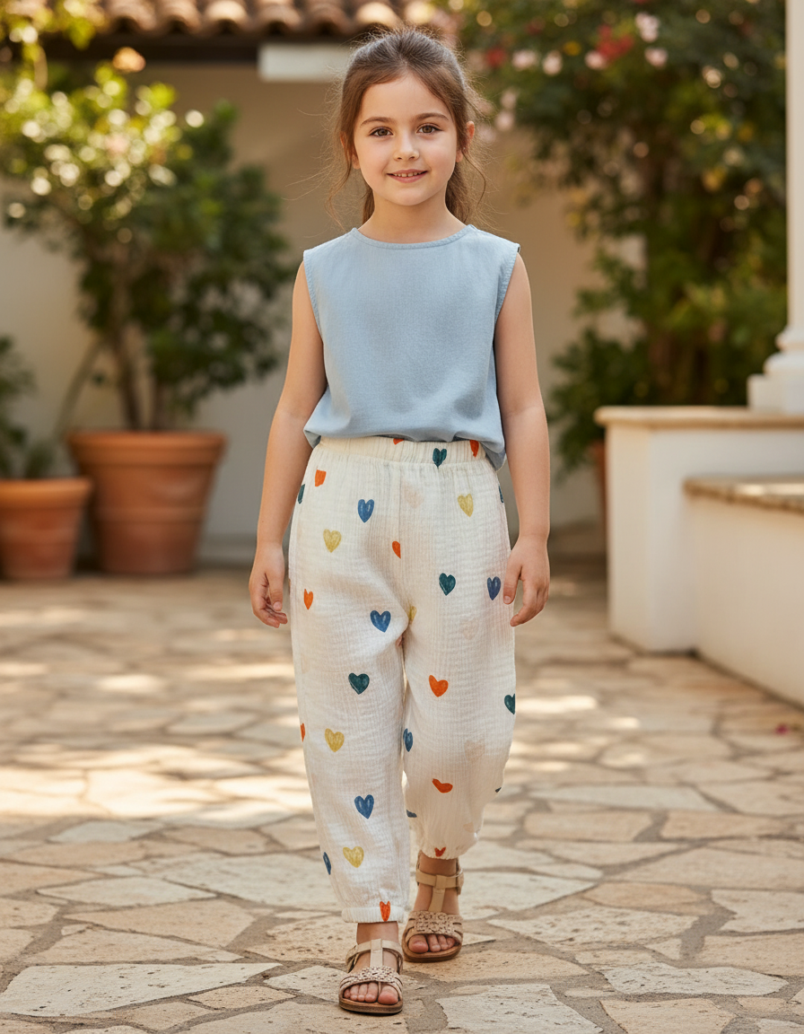 Pantalon En Lin Blanc Cœurs Ample Enfant Léger