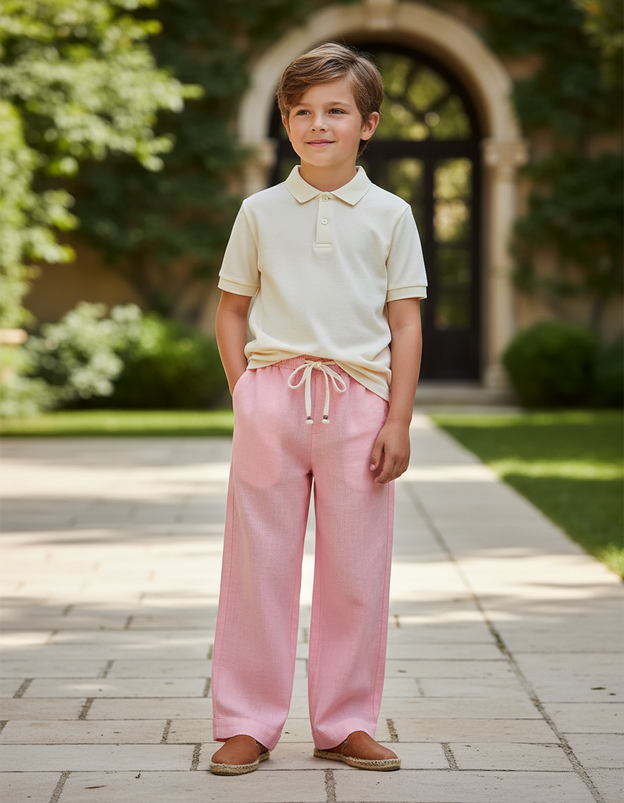 Pantalon En Lin Rose Ample Enfant Cordon Léger