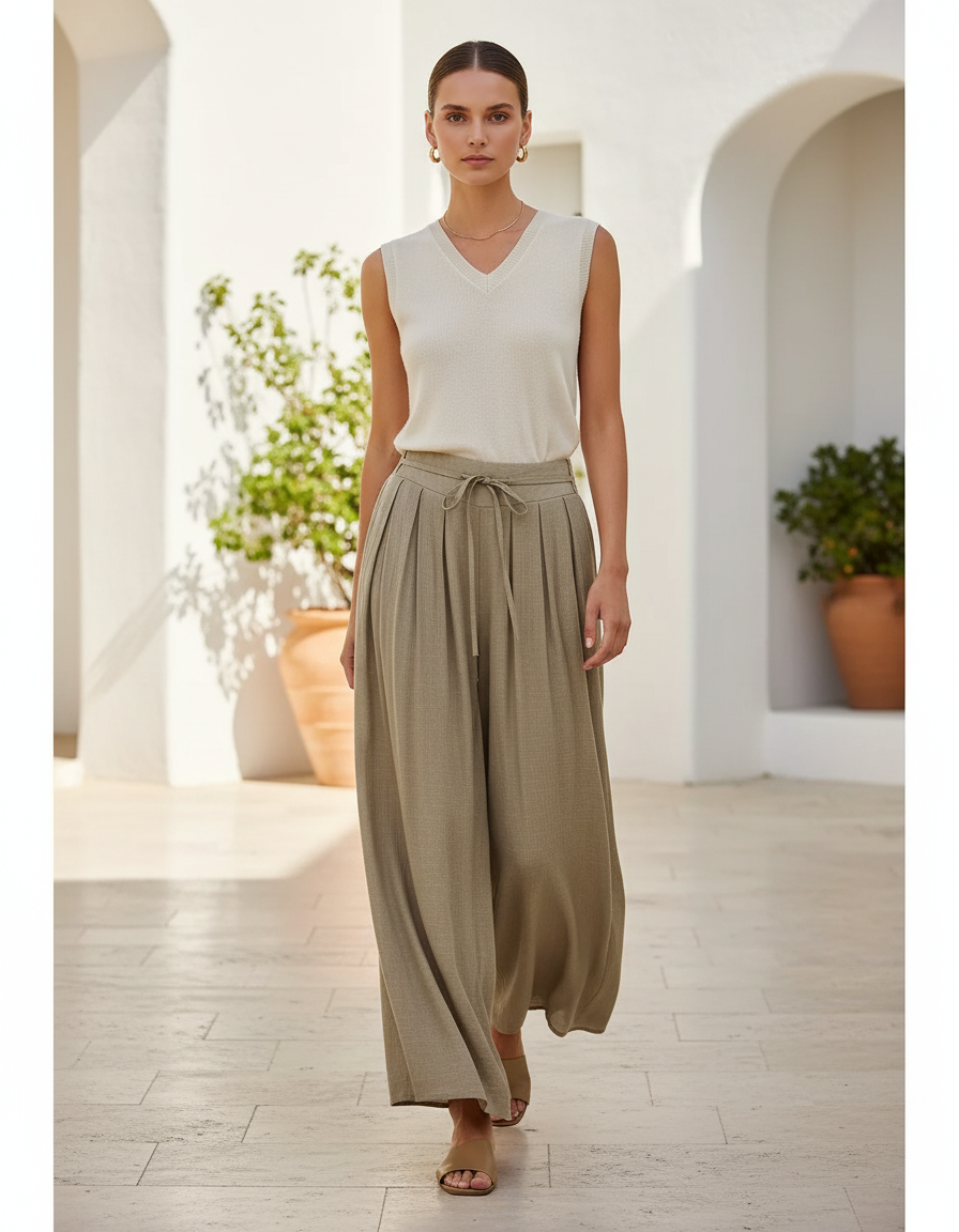Pantalon En Lin Plissé Ample Taille Haute Kaki