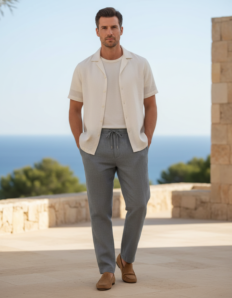 Pantalon En Lin Gris Chiné Droit Cordon Décontracté Homme