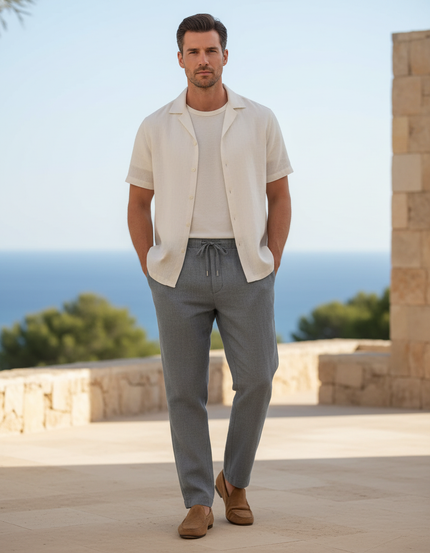 Pantalon En Lin Gris Chiné Droit Cordon Décontracté Homme