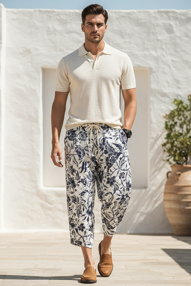 Pantalon En Lin Imprimé Floral Ample Décontracté Homme