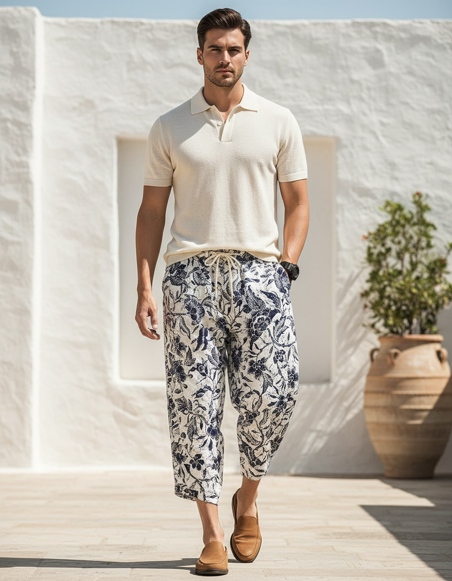 Pantalon En Lin Imprimé Floral Ample Décontracté Homme