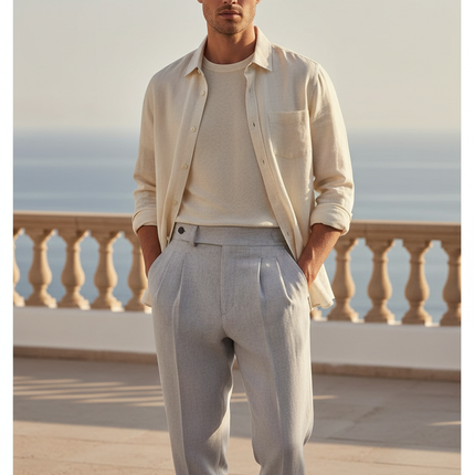 Pantalon En Lin Gris Plissé Droit Élégant Homme