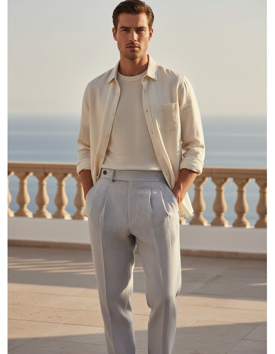 Pantalon En Lin Gris Plissé Droit Élégant Homme