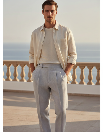 Pantalon En Lin Gris Plissé Droit Élégant Homme