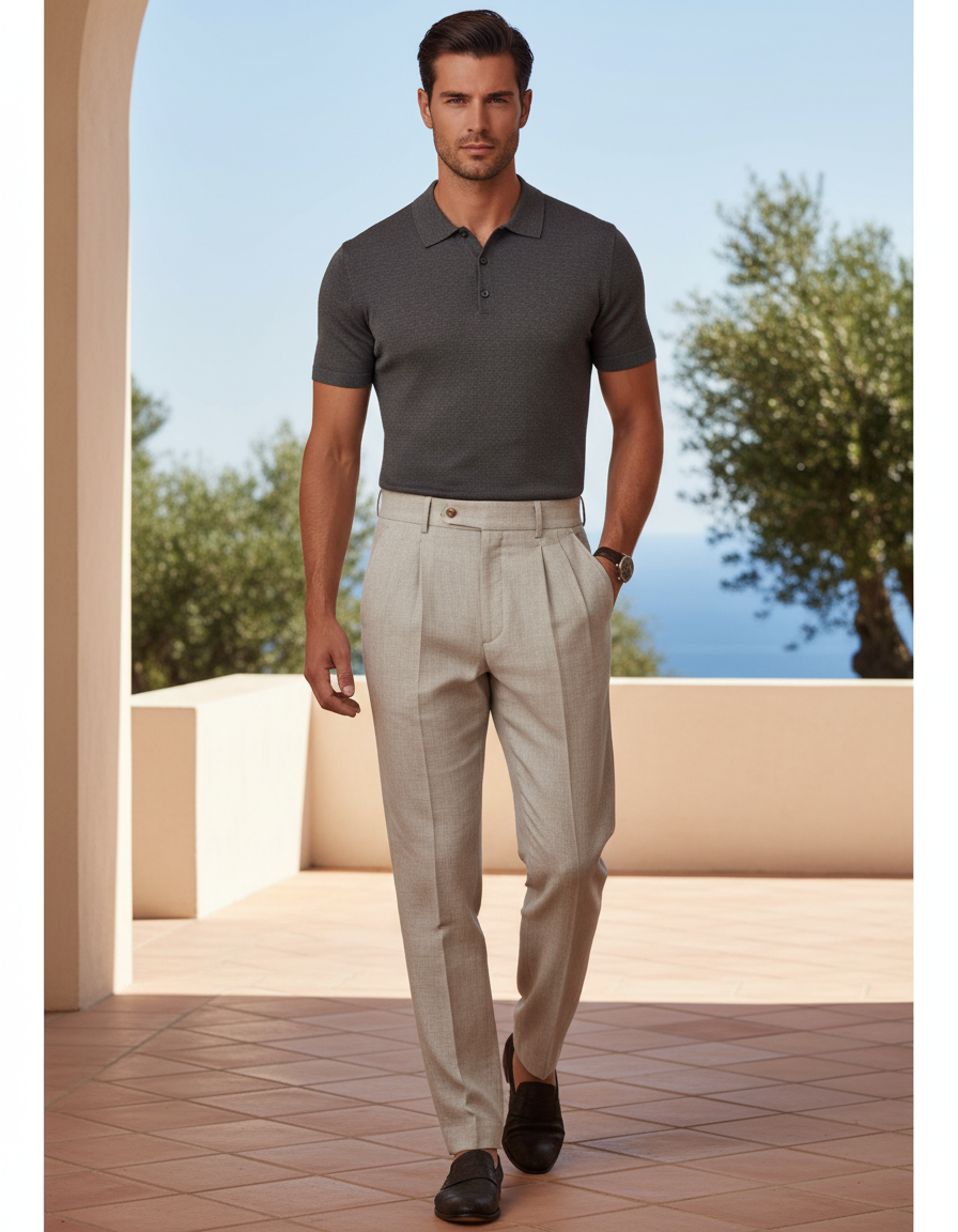 Pantalon En Lin Plissé Beige Droit Élégant Homme