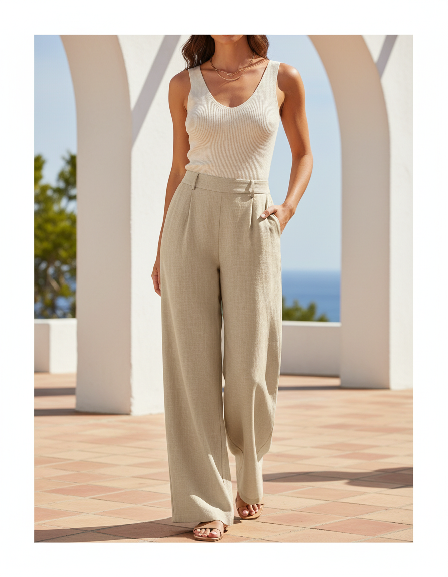 Pantalon En Lin Femme Coupe Droite - Beige