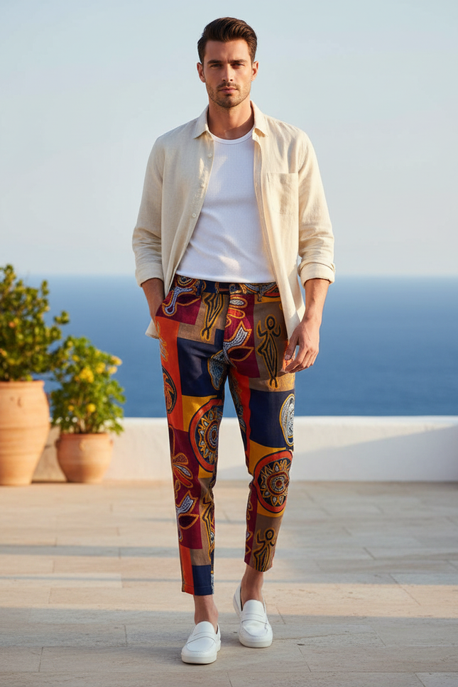 Pantalon En Lin Imprimé Ethnique Cheville Homme Décontracté - Multicolore