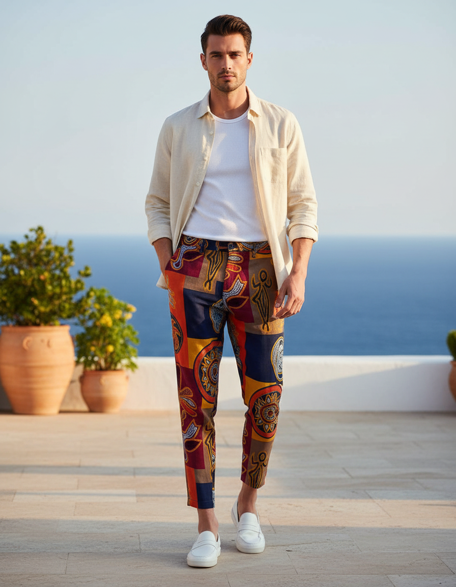 Pantalon En Lin Imprimé Ethnique Cheville Homme Décontracté - Multicolore