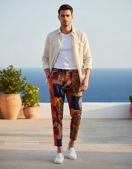 Pantalon En Lin Imprimé Ethnique Cheville Homme Décontracté - Multicolore