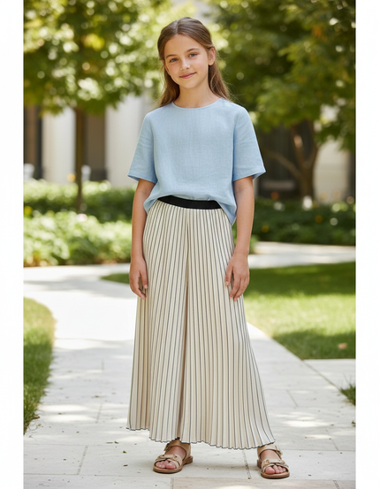 Pantalon En Lin Plissé Rayé Ample Drapé Élégant - Beige