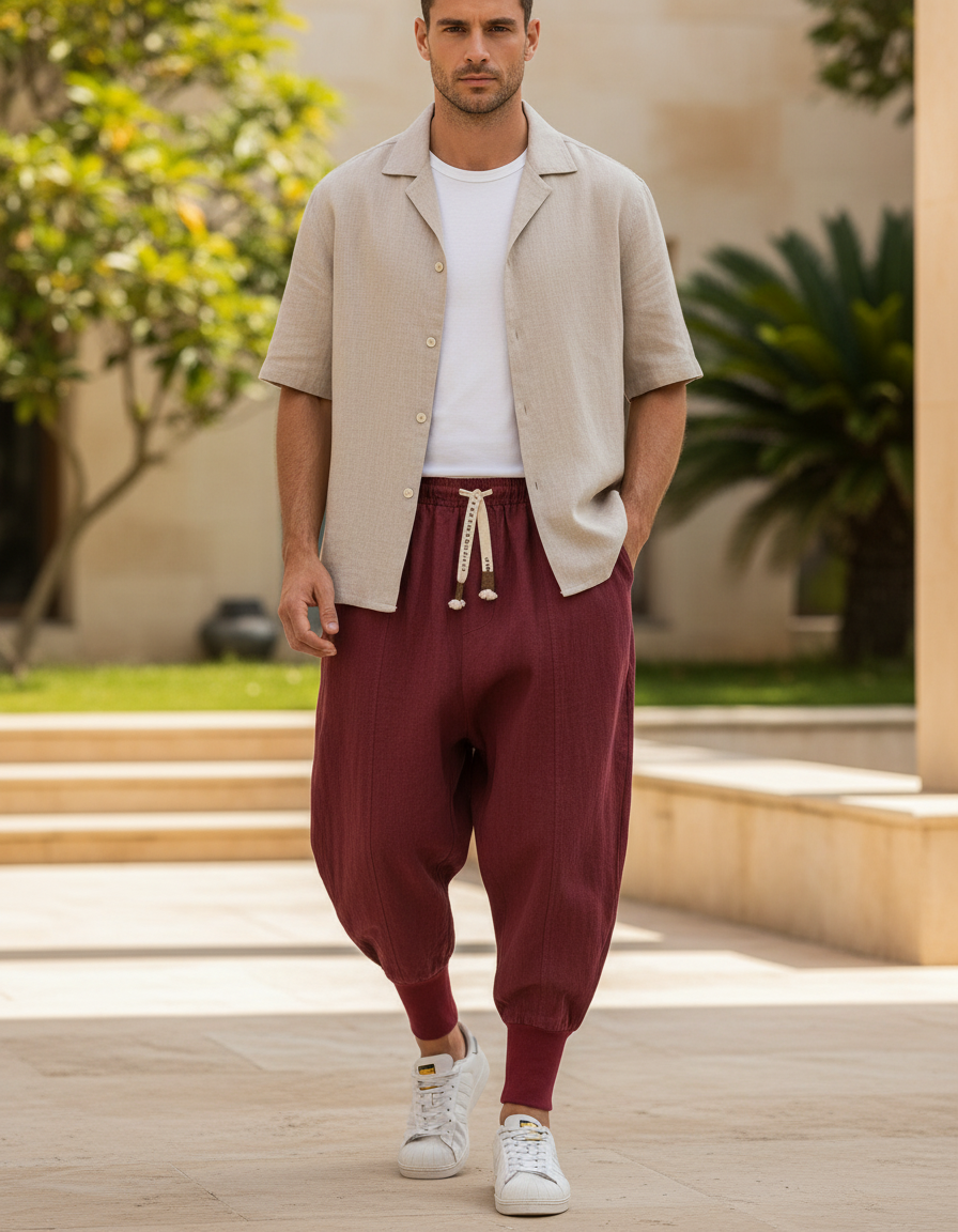 Pantalon Lin Rouge Homme - Bordeaux