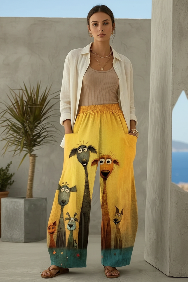 Pantalon En Lin Ample Jaune Imprimé Animaux Décontracté