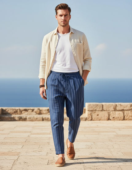 Pantalon En Lin Bleu Rayé Cordon Décontracté Homme