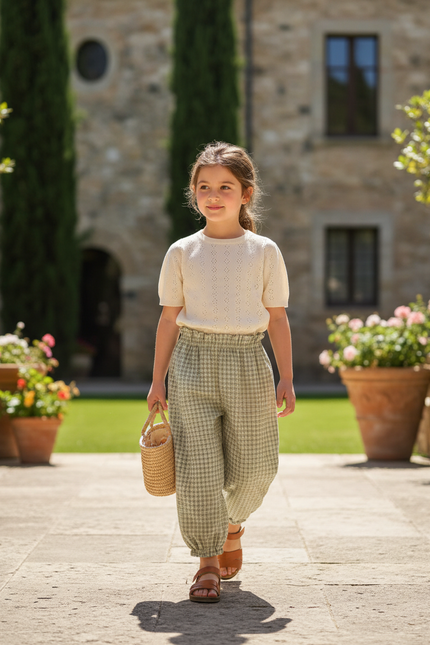 Pantalon En Lin Carreaux Verts Ample Enfant Fluide