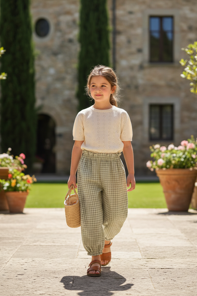 Pantalon En Lin Carreaux Verts Ample Enfant Fluide