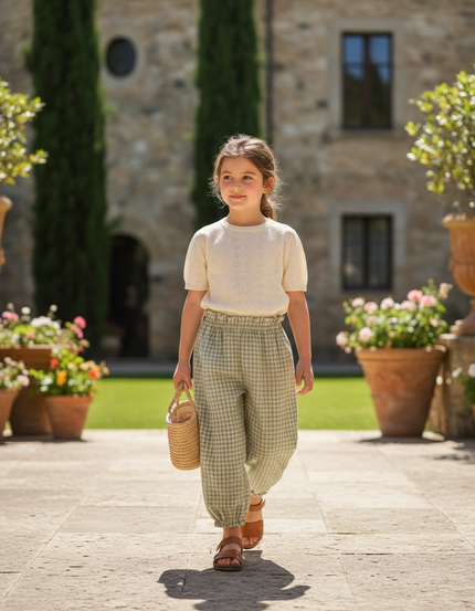 Pantalon En Lin Carreaux Verts Ample Enfant Fluide