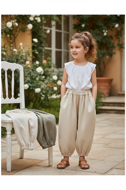 Pantalon En Lin Ample Écru Harem Enfant Décontracté - Beige