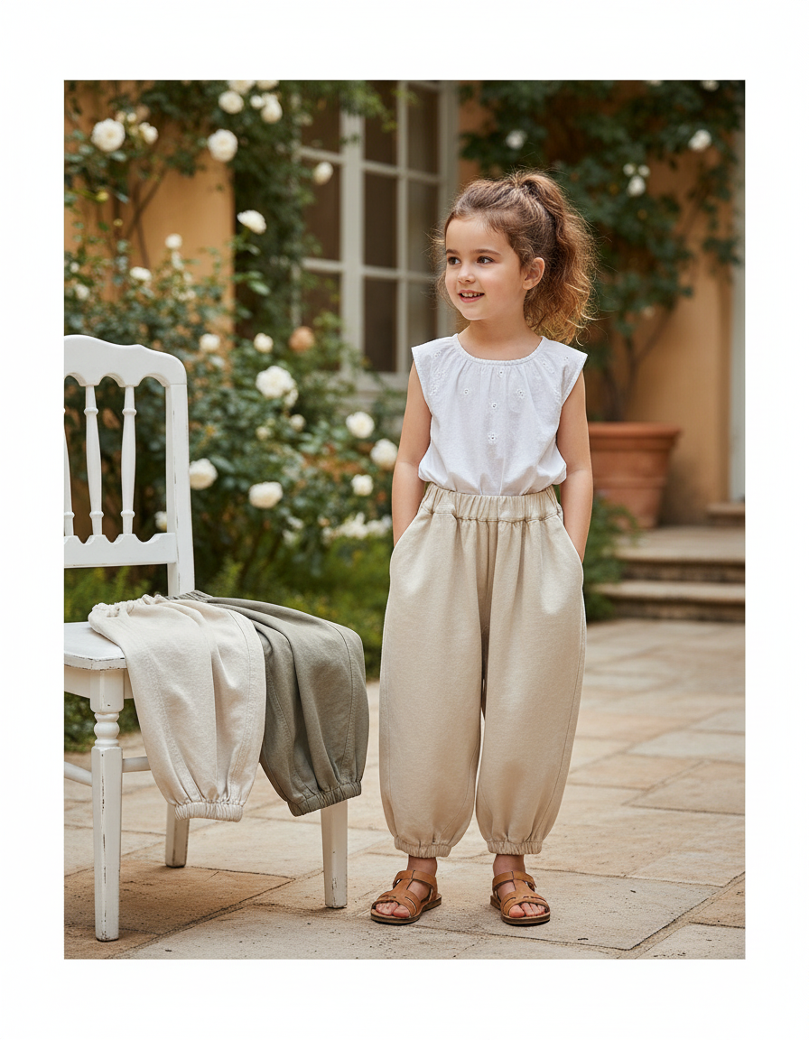 Pantalon En Lin Ample Écru Harem Enfant Décontracté - Beige