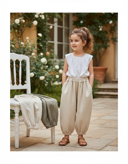 Pantalon En Lin Ample Écru Harem Enfant Décontracté - Beige