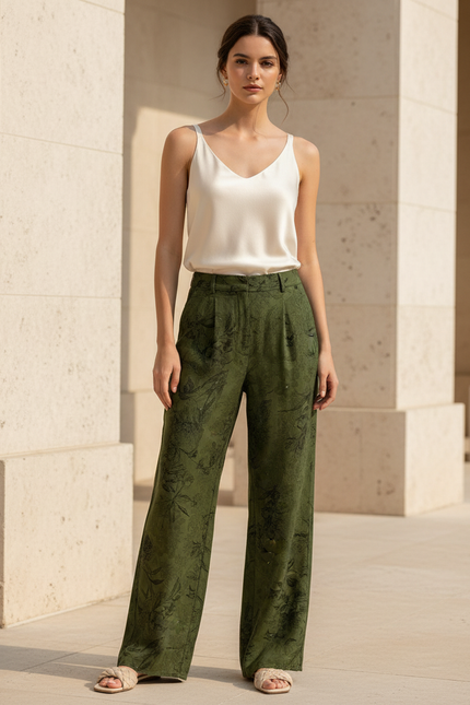 Pantalon En Lin Vert Imprimé Floral Ample Fluide