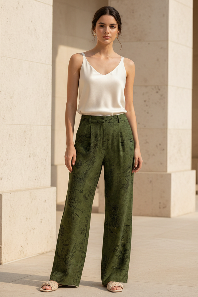 Pantalon En Lin Vert Imprimé Floral Ample Fluide