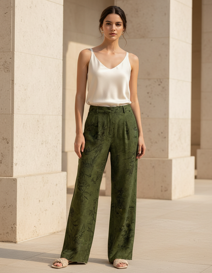 Pantalon En Lin Vert Imprimé Floral Ample Fluide