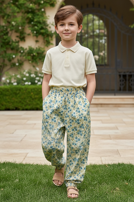 Pantalon En Lin Ample Imprimé Floral Élastique Enfant