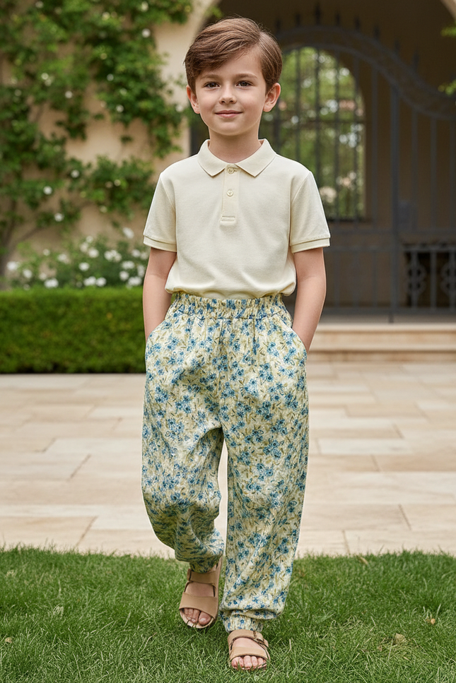 Pantalon En Lin Ample Imprimé Floral Élastique Enfant