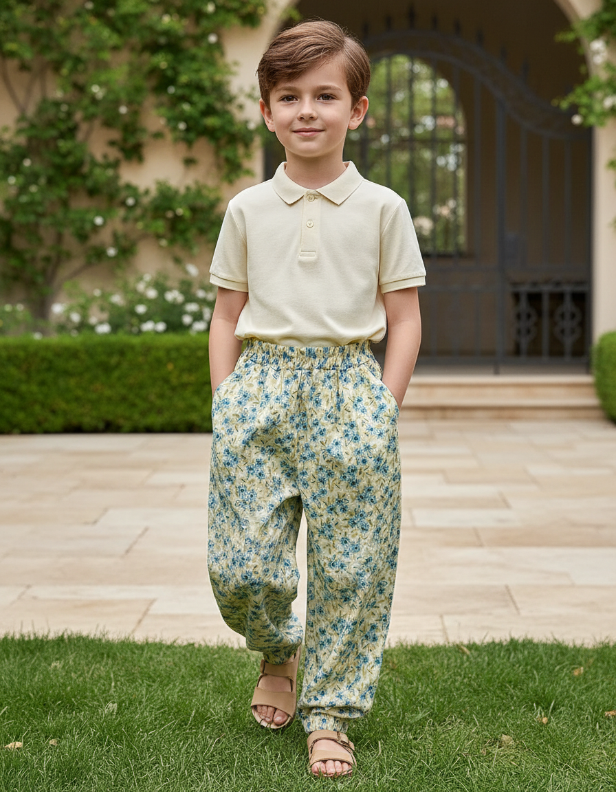 Pantalon En Lin Ample Imprimé Floral Élastique Enfant