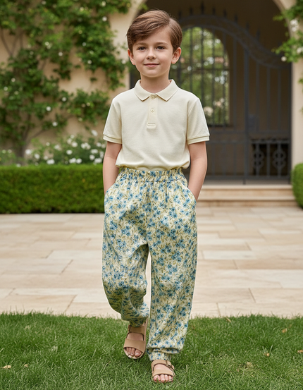 Pantalon En Lin Ample Imprimé Floral Élastique Enfant