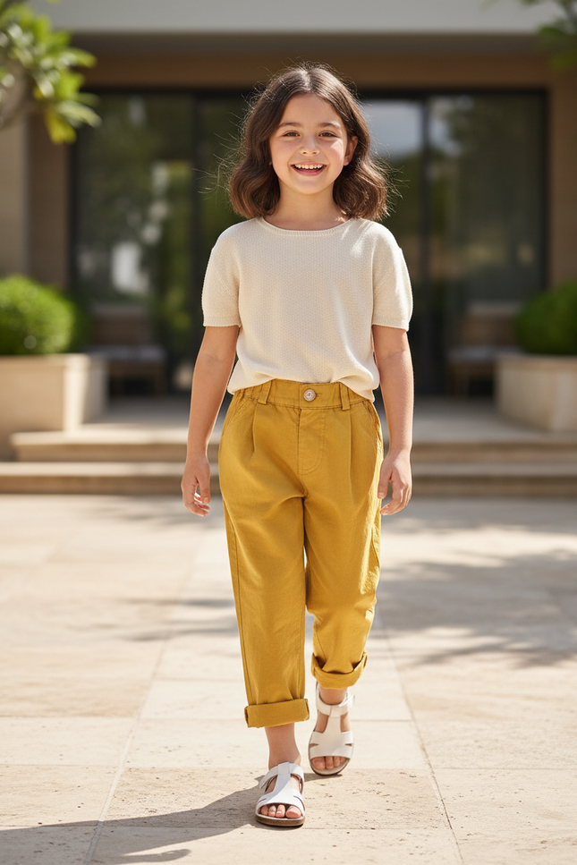 Pantalon En Lin Jaune Ample Décontracté Enfant