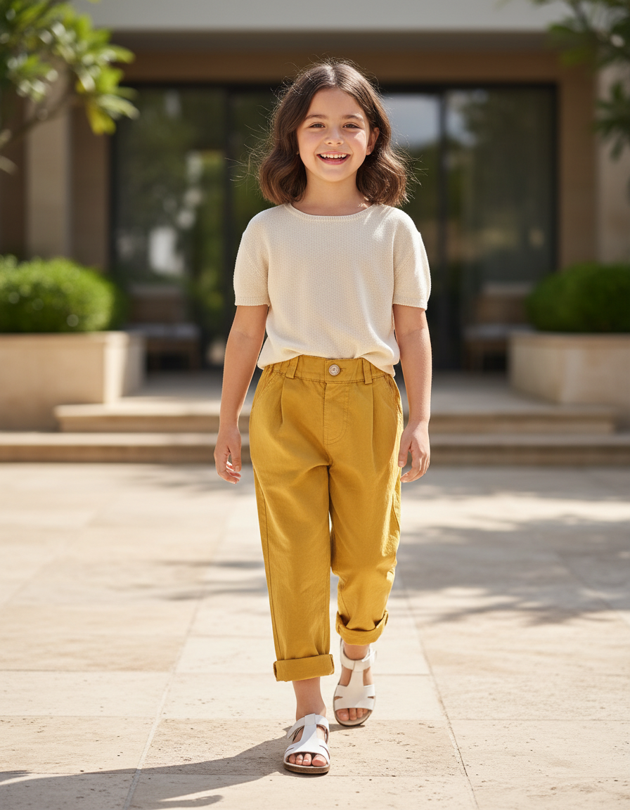 Pantalon En Lin Jaune Ample Décontracté Enfant
