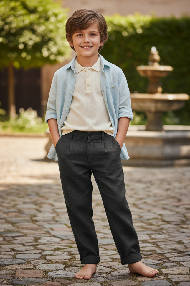 Pantalon En Lin Gris Anthracite Enfant Droit Élégant Décontracté