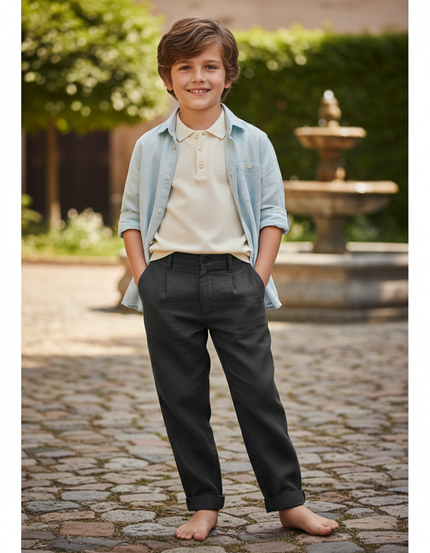 Pantalon En Lin Gris Anthracite Enfant Droit Élégant Décontracté