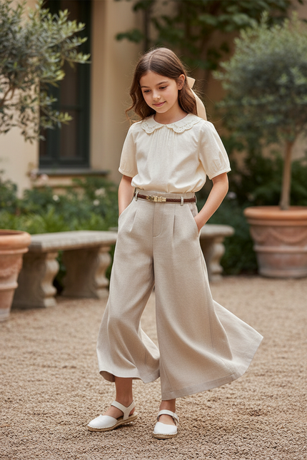 Pantalon En Lin Beige Ample Droit Enfant Élégant