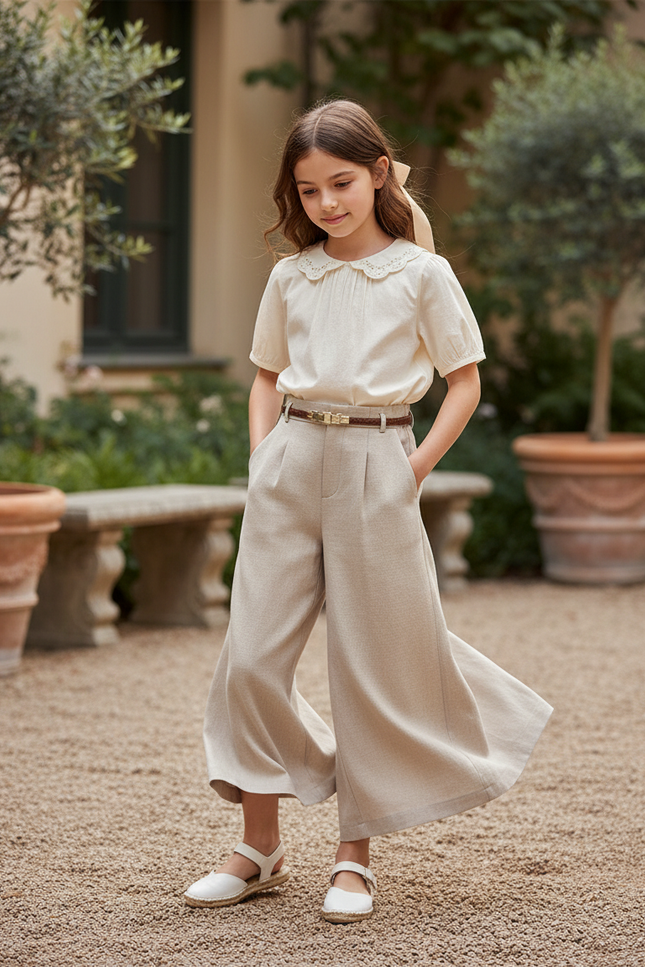 Pantalon En Lin Beige Ample Droit Enfant Élégant