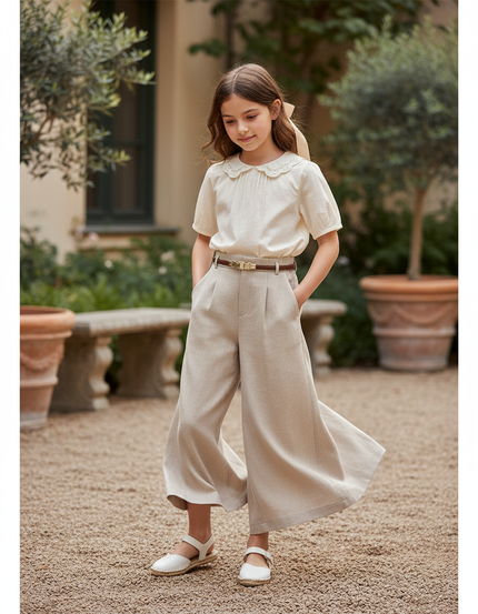 Pantalon En Lin Beige Ample Droit Enfant Élégant