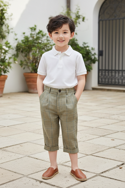 Pantalon En Lin Carreaux Vert Plissé Garçon Élégant - Kaki