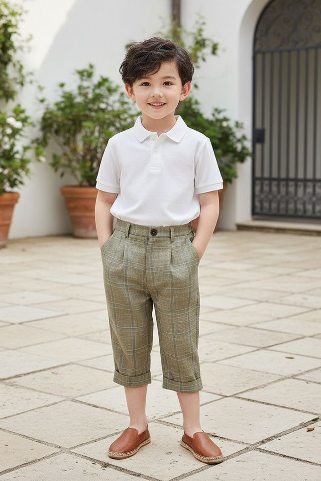 Pantalon En Lin Carreaux Vert Plissé Garçon Élégant - Kaki